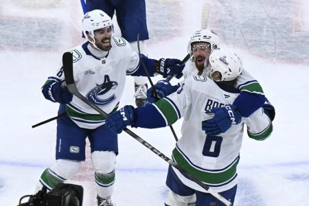 Vancouver Canucks celebrating Friday's win over the Chicago Blackhawks.