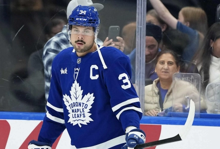 Oct 8, 2025; Toronto, Ontario, CAN; Toronto Maple Leafs center Auston Matthews (34) skates during the warmup before a game against the Montreal Canadiens at Scotiabank Arena. Mandatory Credit: Nick Turchiaro-Imagn Images