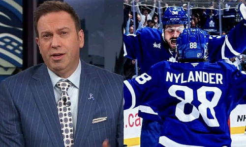 NHL Insider Elliotte Friedman (left) and Toronto Maple Leafs forwards Auston Matthews (background)  William Nylander (foreground).
