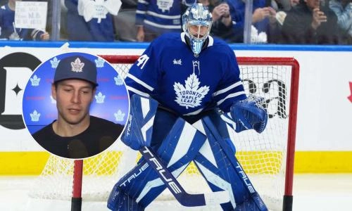 Oct 18, 2025; Toronto, Ontario, CAN; Toronto Maple Leafs goaltender Anthony Stolarz (41) defends the net during warmups before a game against the Seattle Kraken at Scotiabank Arena.