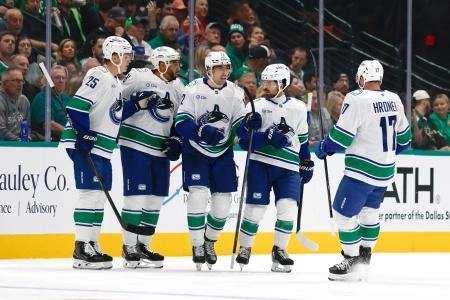Vancouver Canucks center Filip Chytil (72) celebrates with teammates after scoring a goal against the Dallas Stars during the second period at American Airlines Center. Vancouver Canucks center Filip Chytil (72) celebrates with teammates after scoring a goal against the Dallas Stars during the second period at American Airlines Center.