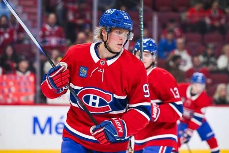 Oct 16, 2025; Montreal, Quebec, CAN; Montreal Canadiens right wing Patrik Laine (92) looks on during warm-up before the game against the Nashville Predators at Bell Centre. Mandatory Credit: David Kirouac-Imagn Images