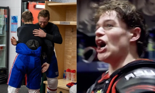 Photo of Mike Matheson, Lane Hutson (left) Cole Caufield (right)