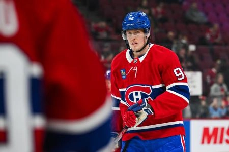 Dec 17, 2024; Montreal, Quebec, CAN; Montreal Canadiens right wing Patrik Laine (92) looks on during warm-up before the game against the Buffalo Sabres at Bell Centre. Mandatory Credit: David Kirouac-Imagn Images