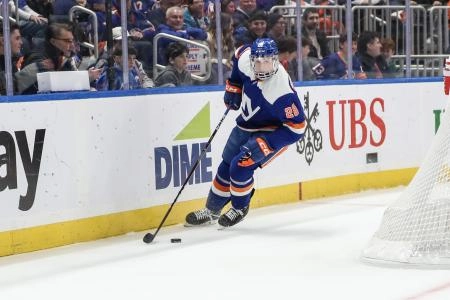 Mar 4, 2023; Elmont, New York, USA; New York Islanders defenseman Alexander Romanov (28) controls the puck in the first period against the Detroit Red Wings at UBS Arena. Mandatory Credit: Wendell Cruz-Imagn Images
