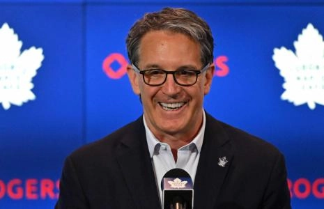 Jun 1, 2023; Toronto, Ontario, CANADA; Toronto Maple Leafs president Brendan Shanahan speaks at a media conference to introduce new general manager Brad Treliving (not shown) at Scotiabank Arena