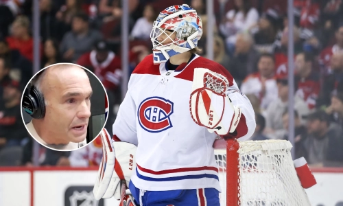 Gilbert Delorme (left) Canadiens goalie Samuel Montembeault (right)