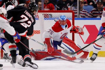 Mar 1, 2025; Buffalo, New York, USA; Buffalo Sabres center Tage Thompson (72) takes a shot on Montreal Canadiens goaltender Jakub Dobes (75) during the first period at KeyBank Center. Mandatory Credit: Timothy T. Ludwig-Imagn Images Mar 1, 2025; Buffalo, New York, USA; Buffalo Sabres center Tage Thompson (72) takes a shot on Montreal Canadiens goaltender Jakub Dobes (75) during the first period at KeyBank Center. Mandatory Credit: Timothy T. Ludwig-Imagn Images