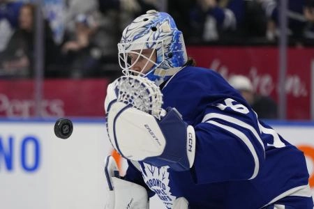 Toronto Maple Leafs goaltender Dennis Hildeby (35) makes a save during warm up at before a game against the Philadelphia Flyers Scotiabank Arena