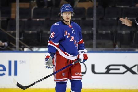 Oct 23, 2025; New York, New York, USA; New York Rangers left wing Artemi Panarin (10) reacts to a call in the third period against the San Jose Sharks at Madison Square Garden. Mandatory Credit: Wendell Cruz-Imagn Images
