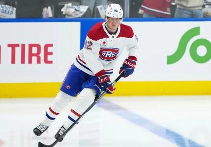 Oct 8, 2025; Toronto, Ontario, CAN; Montreal Canadiens right wing Patrik Laine (92) skates during the warmup before a game against the Toronto Maple Leafs at Scotiabank Arena. Mandatory Credit: Nick Turchiaro-Imagn Images