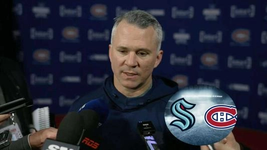 Photo of Martin St-Louis, Kraken and Canadiens logos Photo of Martin St-Louis, Kraken and Canadiens logos