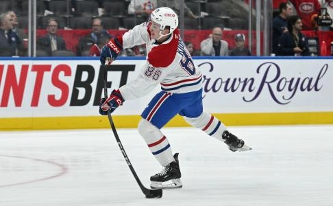 Sep 26, 2024; Toronto, Ontario, CAN; Montreal Canadiens forward Riley Kidney (86) warms up before playing the Toronto Maple Leafs at Scotiabank Arena. Mandatory Credit: Dan Hamilton-Imagn Images