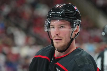 Oct 11, 2025; Raleigh, North Carolina, USA; Carolina Hurricanes right wing Andrei Svechnikov (37) looks on against the Philadelphia Flyers during the first period at Lenovo Center. Oct 11, 2025; Raleigh, North Carolina, USA; Carolina Hurricanes right wing Andrei Svechnikov (37) looks on against the Philadelphia Flyers during the first period at Lenovo Center.