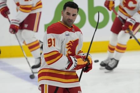 Oct 28, 2025; Toronto, Ontario, CAN; Calgary Flames forward Nazem Kadri (91) skates during warm up before a game against the Toronto Maple Leafs at Scotiabank Arena. Mandatory Credit: John E. Sokolowski-Imagn Images