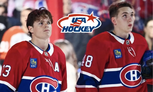 Cole Caufield and Lane hutson, Team USA Hockey logo