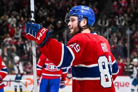 Mar 22, 2025; Montreal, Quebec, CAN; Montreal Canadiens right wing Joshua Roy (89) reacts after scoring a goal against the Colorado Avalanche in the third period at Bell Centre. Mandatory Credit: David Kirouac-Imagn Images