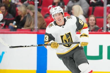 Oct 28, 2025; Raleigh, North Carolina, USA; Vegas Golden Knights right wing Mitch Marner (93) skates against the Carolina Hurricanes during the first period at Lenovo Center. Mandatory Credit: James Guillory-Imagn Images Oct 28, 2025; Raleigh, North Carolina, USA; Vegas Golden Knights right wing Mitch Marner (93) skates against the Carolina Hurricanes during the first period at Lenovo Center. Mandatory Credit: James Guillory-Imagn Images