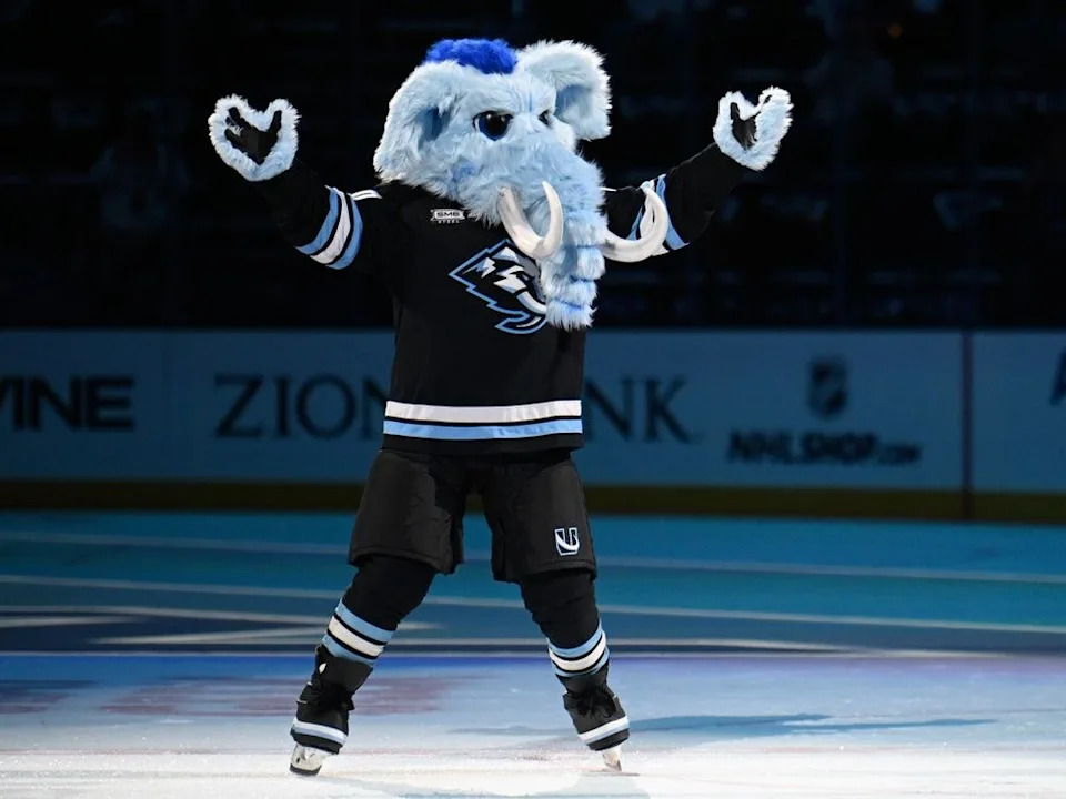 Utah Mammoth mascot Tusky makes his debut at Delta Center on Wednesday.