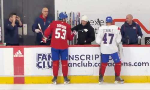 Canadiens forward Patrik Laine in Brossard with teammates noah Dobson and Jayden Struble.