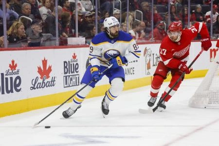 Nov 2, 2024; Detroit, Michigan, USA; Buffalo Sabres right wing Alex Tuch (89) handles the puck during the third period of the game against the Detroit Red Wings at Little Caesars Arena. Mandatory Credit: Brian Bradshaw Sevald-Imagn Images Nov 2, 2024; Detroit, Michigan, USA; Buffalo Sabres right wing Alex Tuch (89) handles the puck during the third period of the game against the Detroit Red Wings at Little Caesars Arena. Mandatory Credit: Brian Bradshaw Sevald-Imagn Images