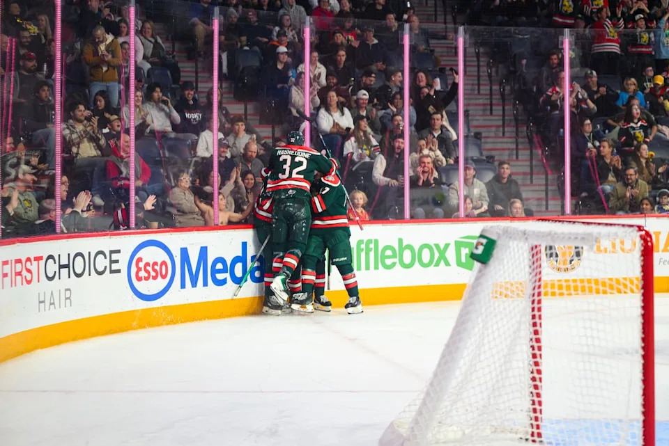 Halifax Mooseheads players celebrate a goal against the Newfoundland Regiment in an Oct. 17, 2025, game at the Scotiabank Centre.
