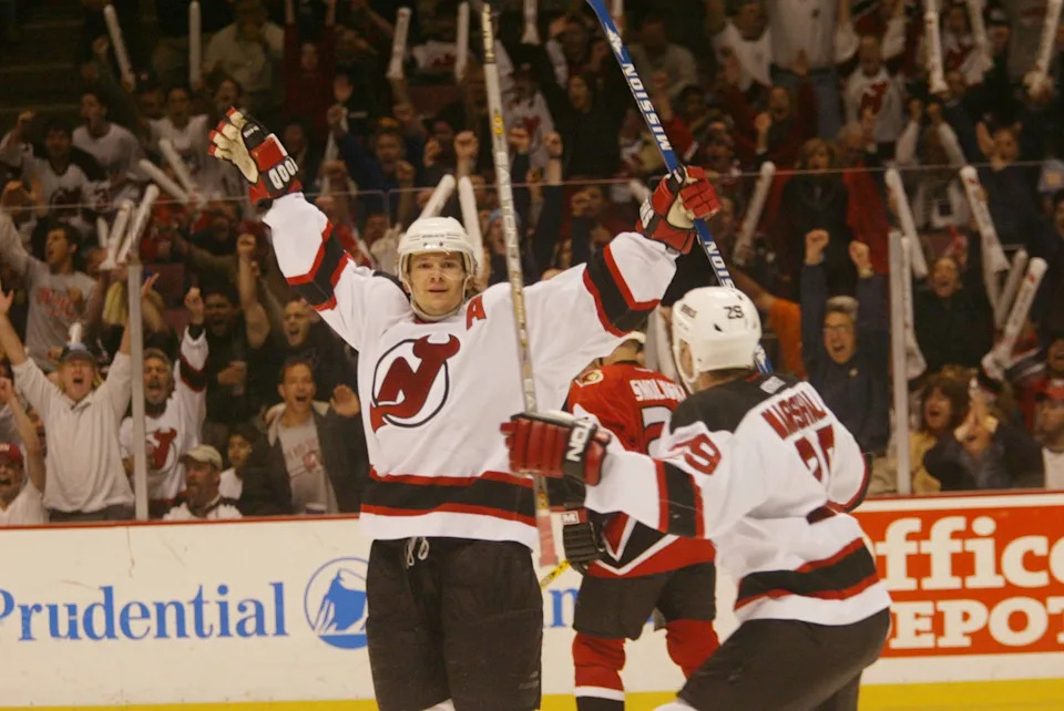 May 17 2003: Patrik Elias and Grant Marshall celebrate a goal against the Ottawa Senators in Game 4 of the Eastern Conference finals.