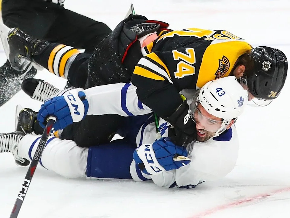  Bruins’ Jake DeBrusk lands a punch on Maple Leafs’ Nazem Kadri during Game 2 of first-round playoff series in Boston on April 13, 2019. Kadri was suspended for the rest of the series after delivering a vicious cross-check to DeBrusk during the third period of the game.