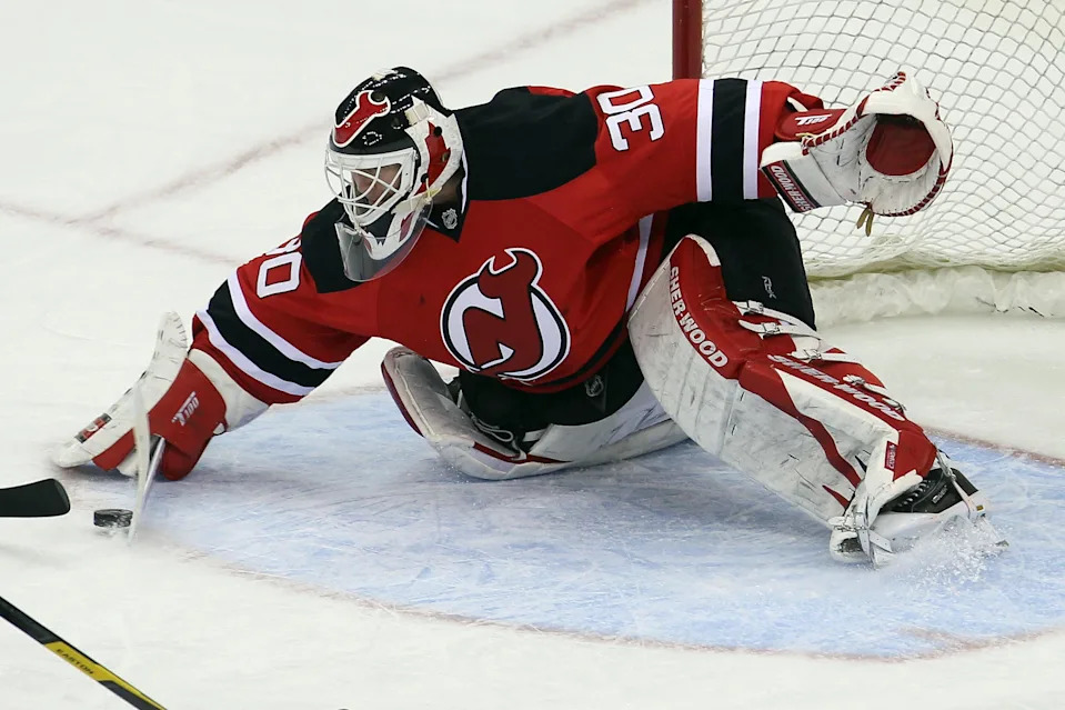 March 29, 2012: New Jersey Devils goalie Martin Brodeur makes a save against the Tampa Bay Lightning at Prudential Center.