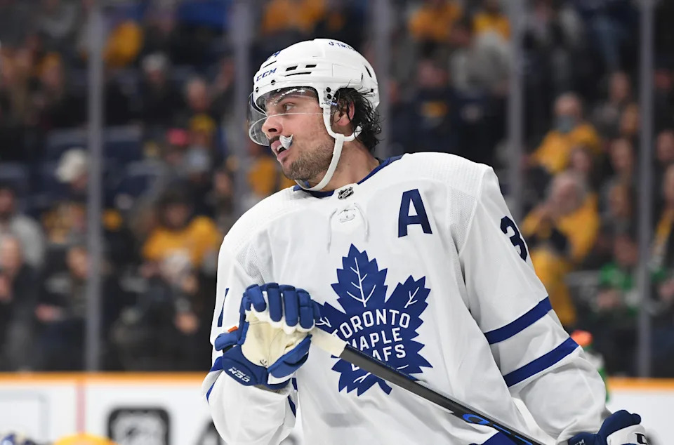 Toronto Maple Leafs center Auston Matthews (34) reacts during a stoppage in play.Christopher Hanewinckel-USA TODAY Sports
