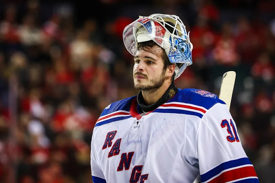 New York Rangers goaltender Igor Shesterkin (31) during the second period against the Calgary Flames at Scotiabank Saddledome. IMAGN IMAGES via Reuters Connect