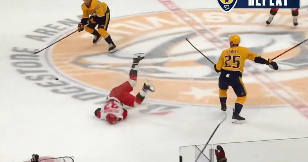 Andrei Svechnikov destroyed by open ice hit at center ice.