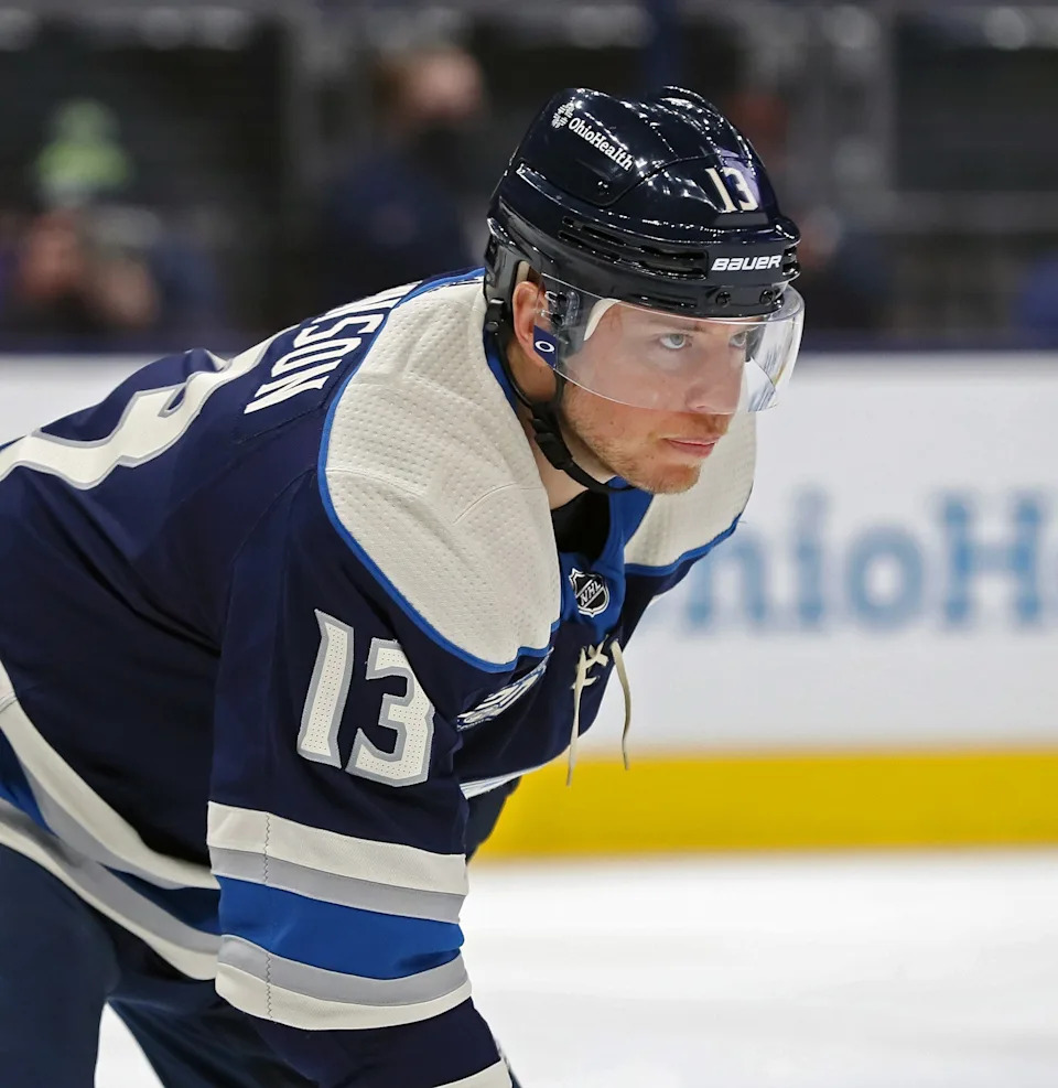 Columbus Blue Jackets right wing Cam Atkinson (13) watches the puck against Chicago Blackhawks during the second period of their NHL game at Nationwide Arena in Columbus, Ohio on April 12, 2021.
