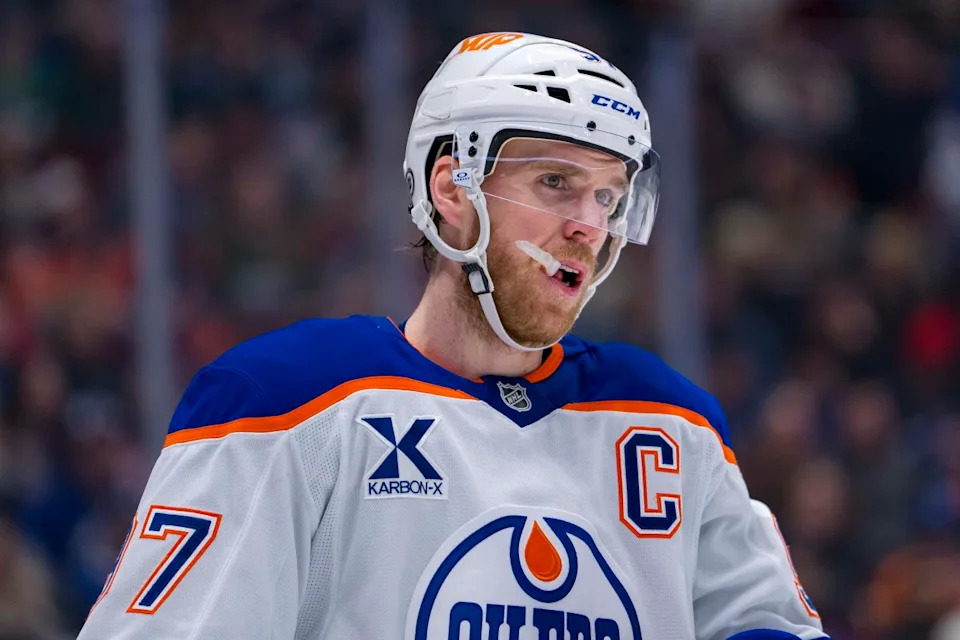 Edmonton Oilers forward Connor McDavid (97) during a stoppage in play.Bob Frid-Imagn Images