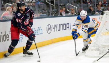 Miles Wood returns for Columbus Blue Jackets at Buffalo Sabres