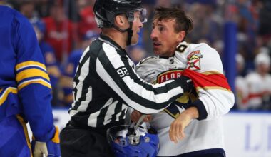 Brad Marchand damages Rasmus Dahlin's helmet in penalty box