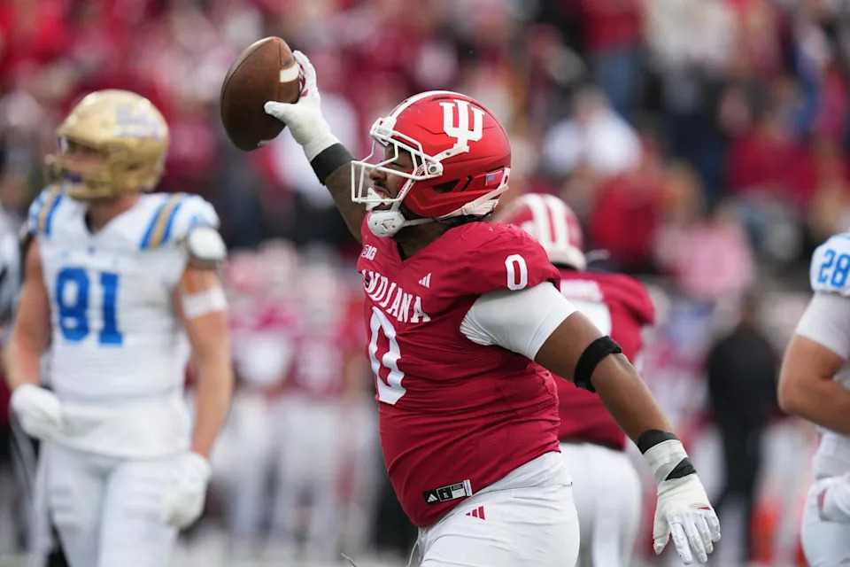 Indiana defensive lineman Hosea Wheeler celebrates after recovering a UCLA fumble in the first half.