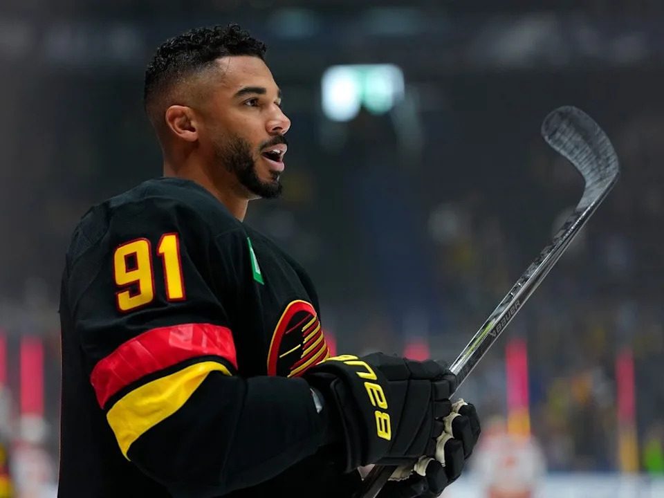 Evander Kane of the Vancouver Canucks looks on during warmup prior to their NHL game against the Calgary Flames at Rogers Arena on October 9, in Vancouver.