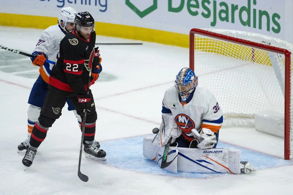 Ilya Sorokin makes a save in front of Ottawa Senators right wing Michael Amadio (22) during the Islanders’ 5-4 road win over the Senators on Oct. 18, 2025. IMAGN IMAGES via Reuters Connect