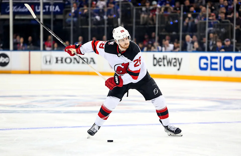 April 29, 2023: New Jersey Devils defenseman Damon Severson takes a shot against the New York Rangers during Game 6 of the first round of the 2023 Stanley Cup Playoffs at Madison Square Garden.