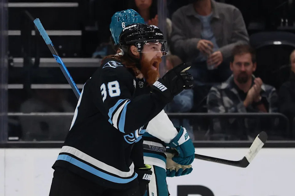 Oct 17, 2025; Salt Lake City, Utah, USA; Utah Mammoth center Liam O'Brien (38) celebrates after scoring his first Utah Mammoth goal against the San Jose Sharks during the second period at Delta Center. &nbsp;(Rob Gray-Imagn Images)