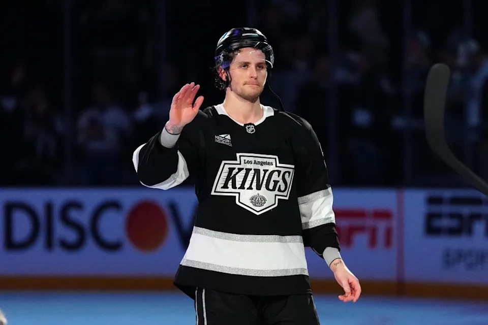 LA Kings right wing Adrian Kempe (9) is recognized as the second star of the night after game one of the first round of the 2025 Stanley Cup Playoffs against the Edmonton Oilers at Crypto.com Arena.