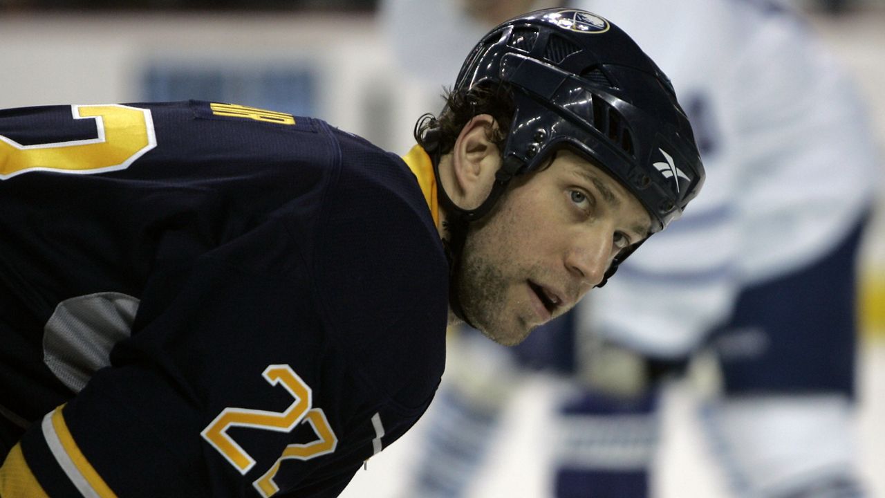 Buffalo Sabres' Adam Mair waits for a face-off against the Toronto Maple Leafs during the first period of the NHL hockey game at HSBC Arena in Buffalo, N.Y., Wednesday, Feb. 4, 2009. (AP Photo/David Duprey)