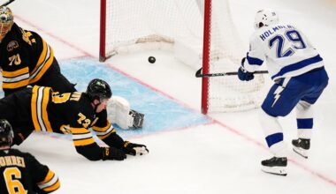 Tampa Bay Lightning right wing Pontus Holmberg (29) pokes the puck into the net, as Boston Bruins goaltender Joonas Korpisalo (70) looks back at the crease, during the second period of an NHL hockey game, Monday, Oct. 13, 2025, in Boston. (AP Photo/Charles Krupa)