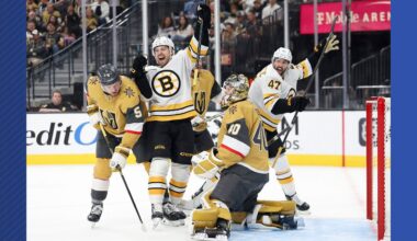 Boston Bruins left wing Jeffrey Viel (48) and center Mark Kastelic (47) celebrate after their team's goal while Vegas Golden Knights defenseman Jeremy Lauzon (5) and goaltender Akira Schmid (40) reacts during the first period of an NHL hockey game Thursday, Oct. 16, 2025, in Las Vegas. (AP Photo/Ian Maule)