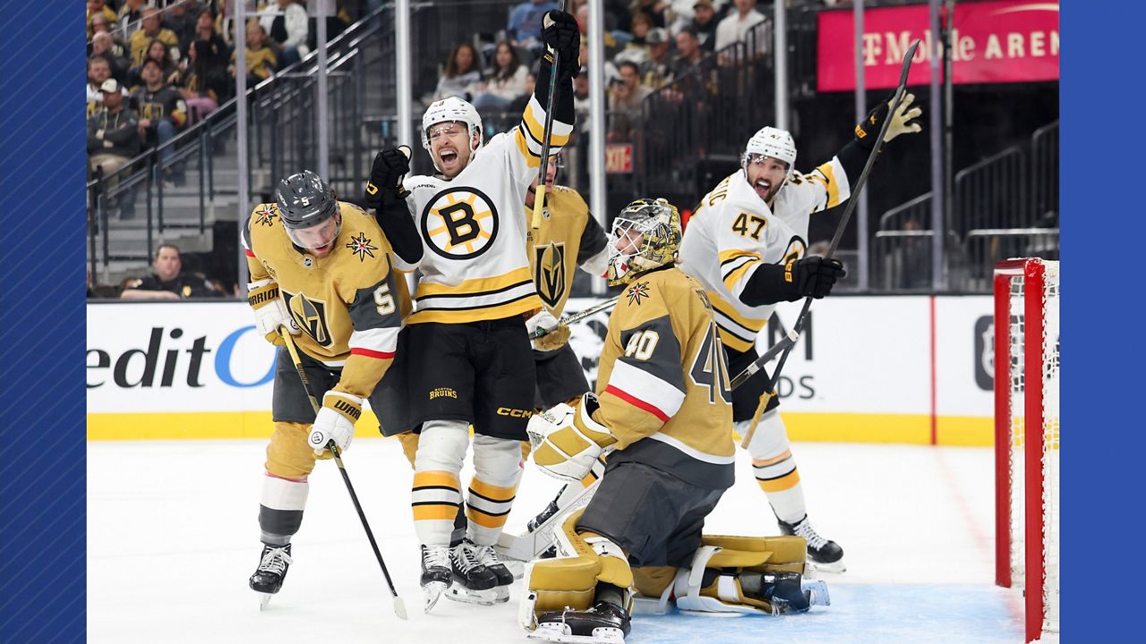 Boston Bruins left wing Jeffrey Viel (48) and center Mark Kastelic (47) celebrate after their team's goal while Vegas Golden Knights defenseman Jeremy Lauzon (5) and goaltender Akira Schmid (40) reacts during the first period of an NHL hockey game Thursday, Oct. 16, 2025, in Las Vegas. (AP Photo/Ian Maule)