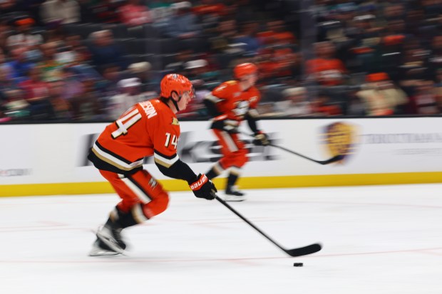 Ducks defenseman Drew Helleson (14) moves the puck during the...