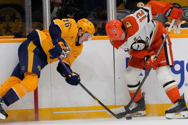 Nashville Predators defenseman Brady Skjei (76) and Ducks right wing...
