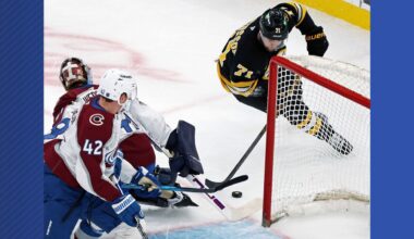 Boston Bruins forward Viktor Arvidsson scores a first period goal, beating Colorado Avalanche goalie Scott Wedgewoo during an NHL hockey game, Saturday, Oct. 25, 2025, in Boston. (AP Photo/Jim Davis)