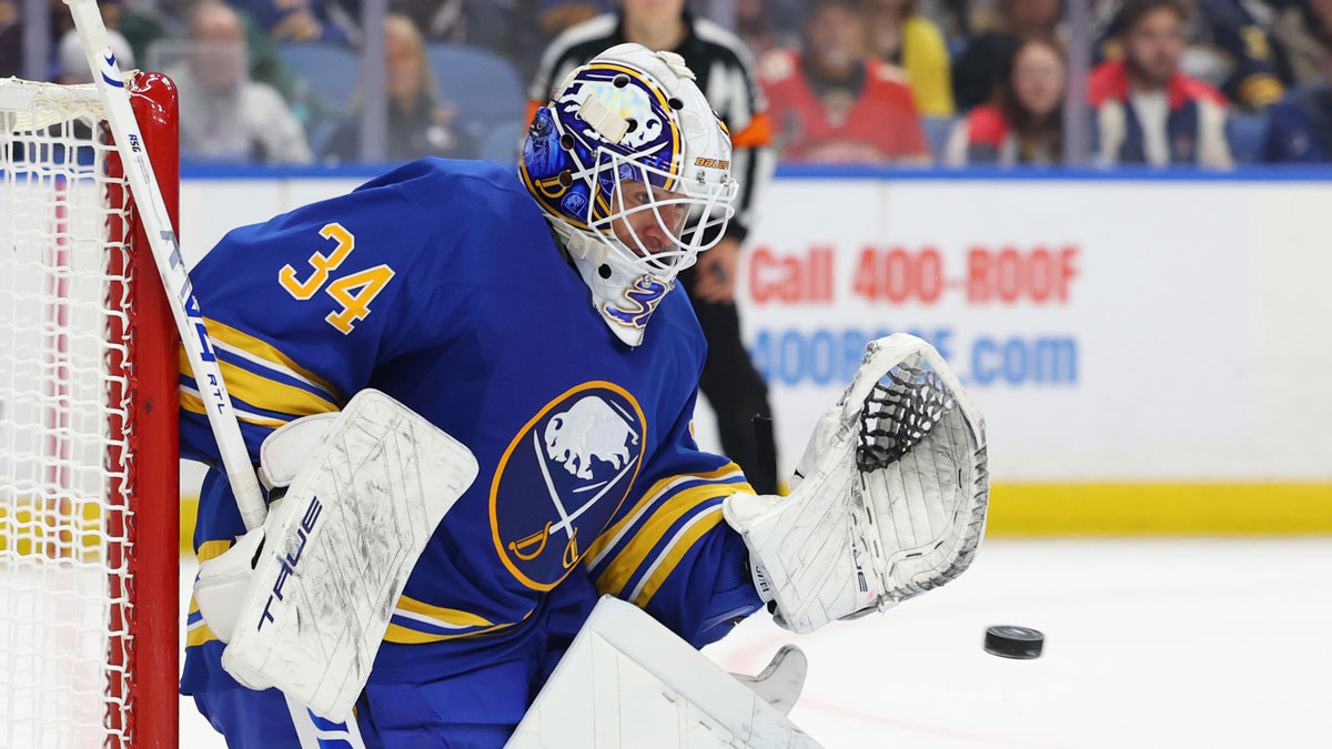 Buffalo Sabres goaltender Alex Lyon (34) looks to make a save during the first period against the Florida Panthers at KeyBank Center.